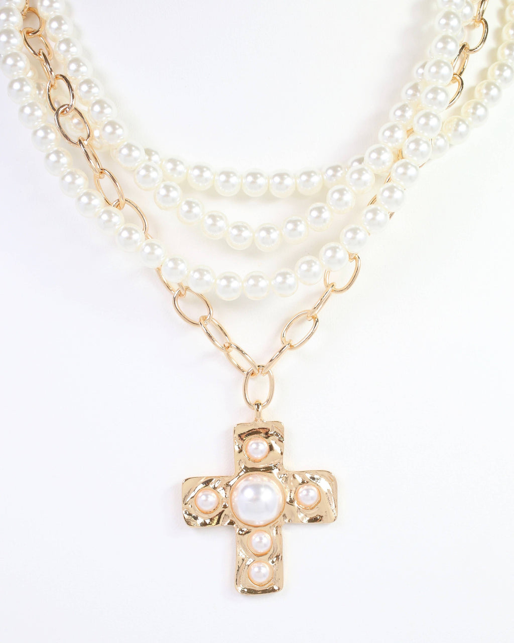 Caroline Hill Pearl Cross Layered Necklace Gold