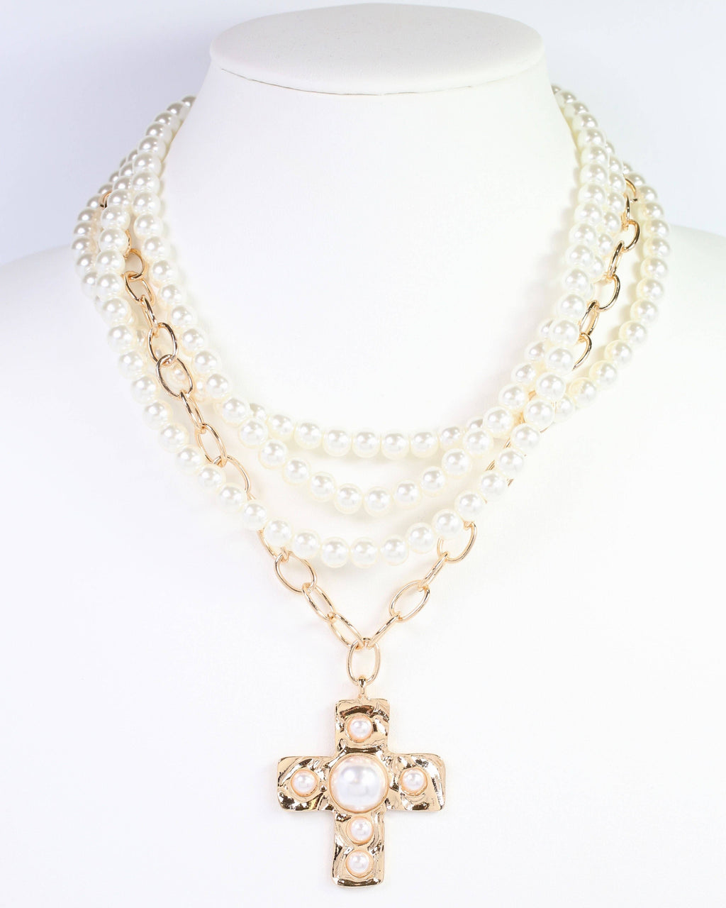 Caroline Hill Pearl Cross Layered Necklace Gold